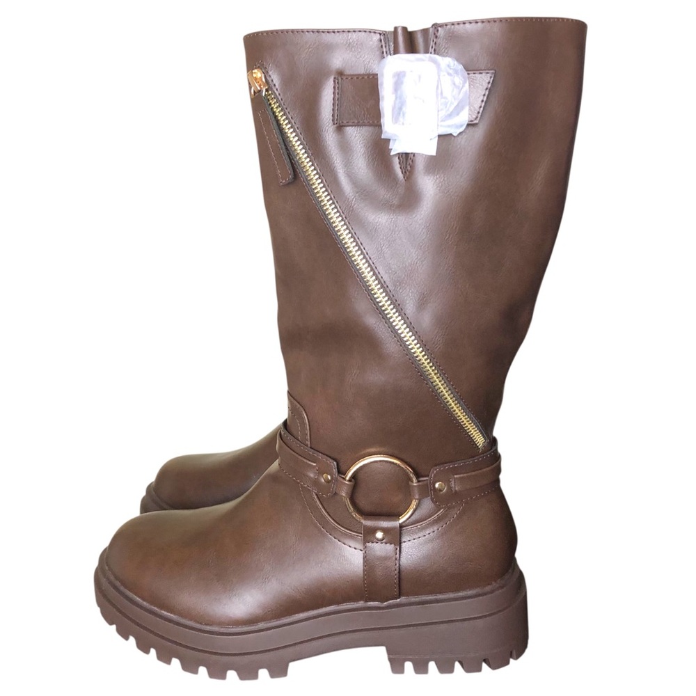 Womens Brown Vegan Leather Combat Boots Full Zip Platform Lug Soles Size 9.5 NEW - Picture 4 of 11